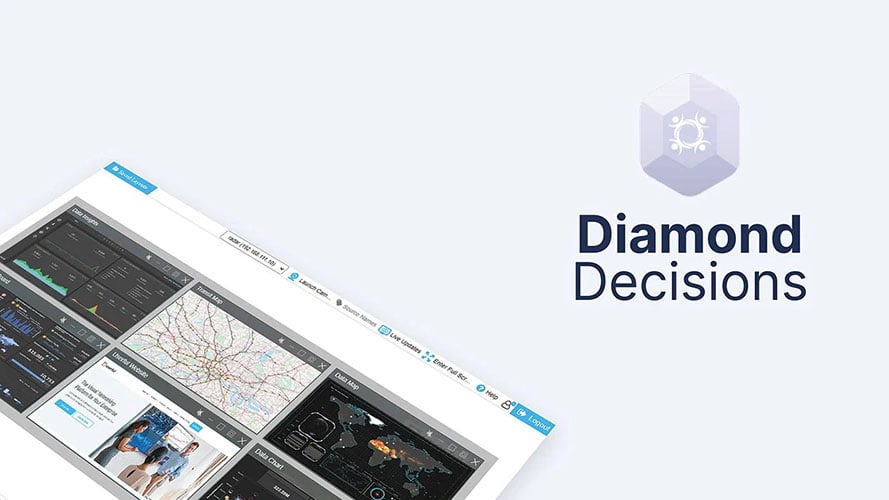 شعار Diamond Decisions وواجهة مدير المستخدم ، وعرض لوحات معلومات البيانات ومواقع الويب