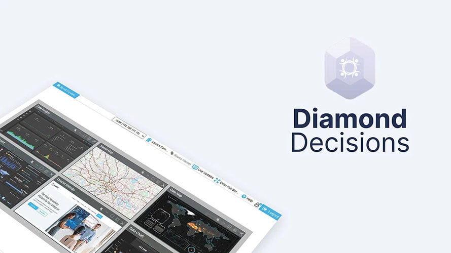 شعار Diamond Decisions وواجهة مدير المستخدم ، وعرض لوحات معلومات البيانات ومواقع الويب