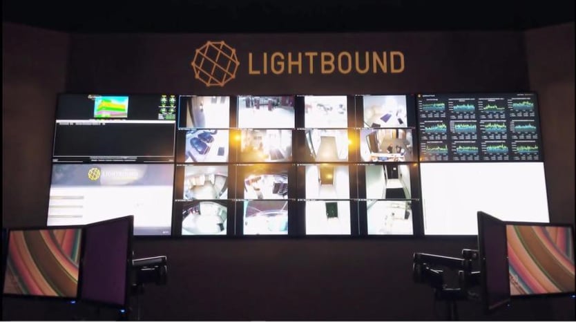غرفة تحكم فارغة Lightbound مع 2 محطات عمل وجدار فيديو يعرض مواقع الويب والبيانات والإعلانات