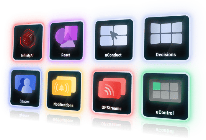 العمليات المركزية، InfinityAI، React، uConduct، Decisions، Spaces، Notifications، OPStreams، uControl