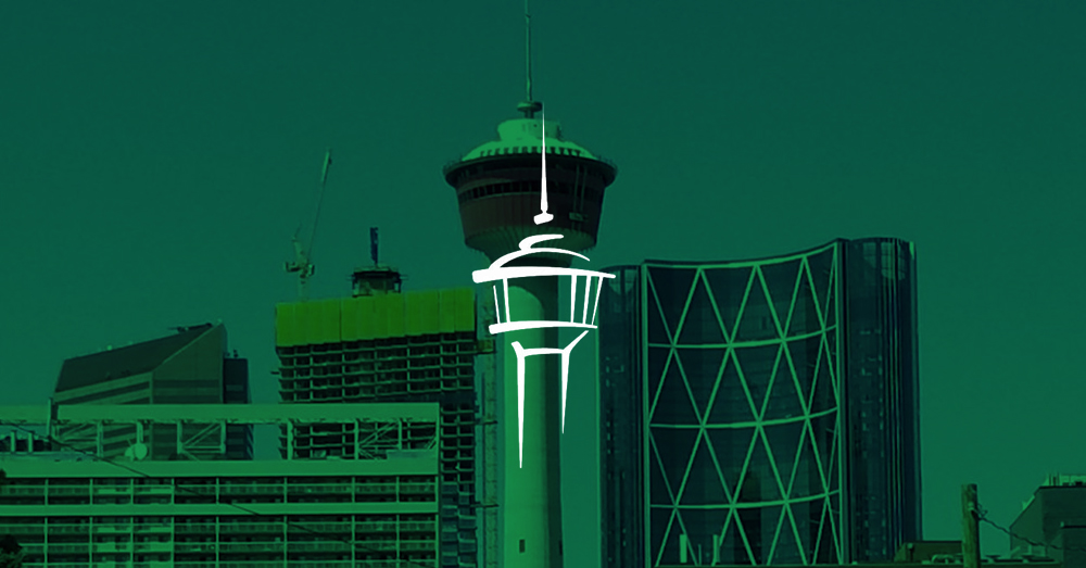 برج كالغاري مع تراكب أخضر وشعار