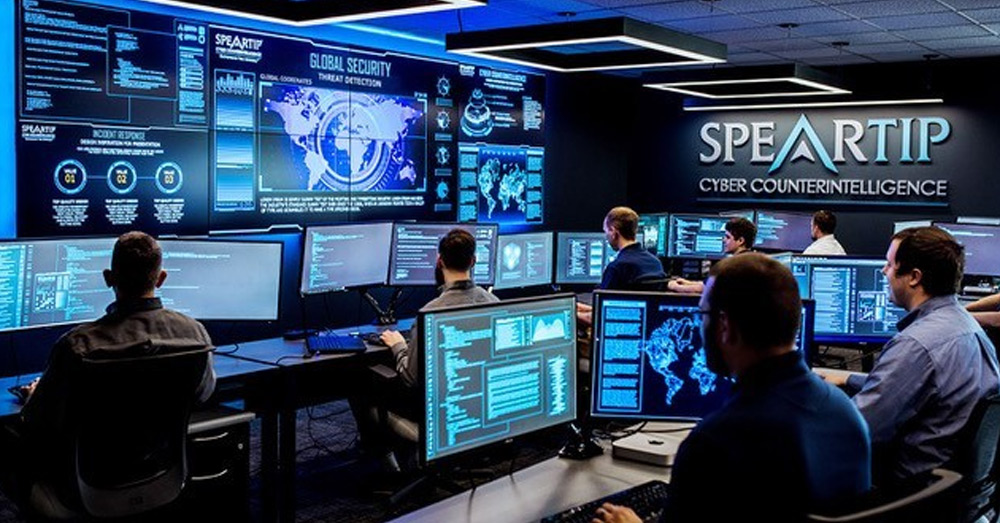 مركز عمليات الأمن Speartip Cyber CounterIntelligence مع جدران فيديو تعرض البيانات والعاملين في محطات العمل
