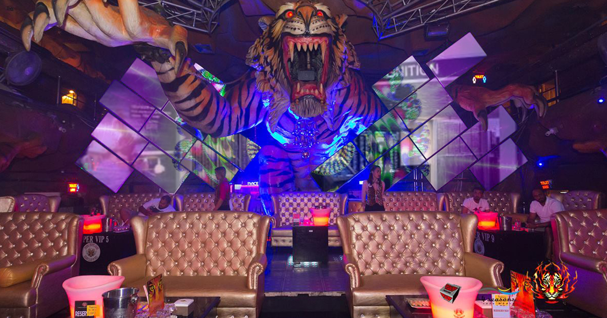 Artistic video wall mosiac in the Tiger Night Club lounge, with a large tiger in the middle of the walls, and seating area in front