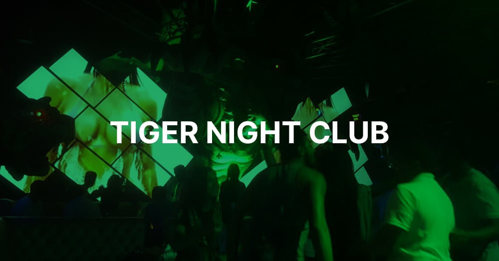 جدار فيديو فني في نادي تايجر الليلي مع تراكب أخضر واسم النادي بنص أبيض