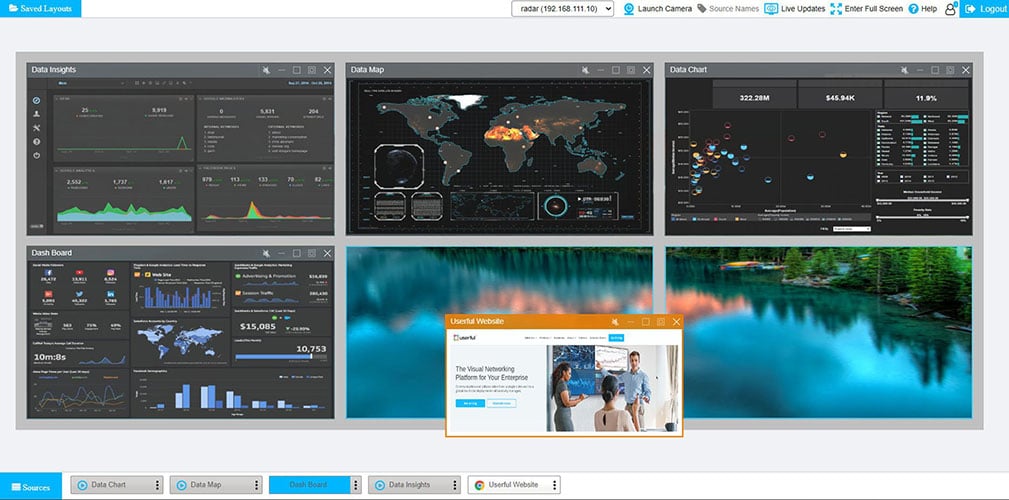 منصة المستخدم المحفوظة تخطيطات واجهة المستخدم الرسومية (GUI) مع 6 شاشات تعرض لوحات البيانات وصورة لبحيرة