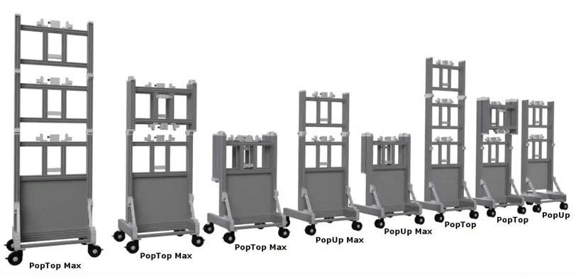 8 حوامل مختلفة لمراكز الفيديو المعيارية المحمولة ، والتي تشمل 3 PopTop Max و 2 PopUp Max و 2 PopTop و 1 PopUp
