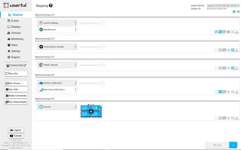 واجهة تعيين مدير المستخدم ، مع مجموعات موارد مختلفة ، بما في ذلك واحدة مع جدار فيديو