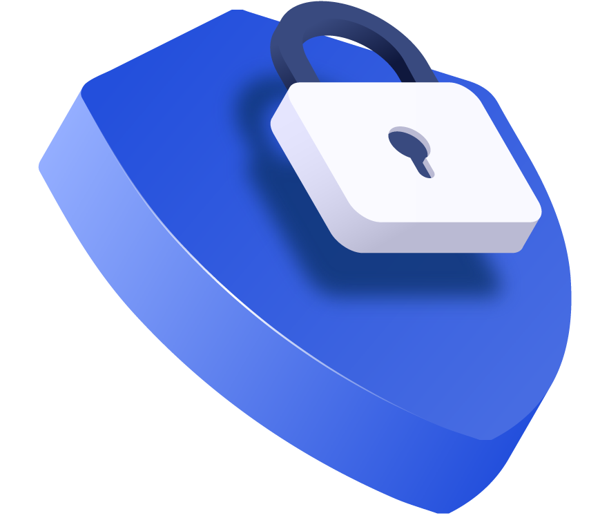 Tilted 3D blue shield, with a tilted 3D white lock security illustration